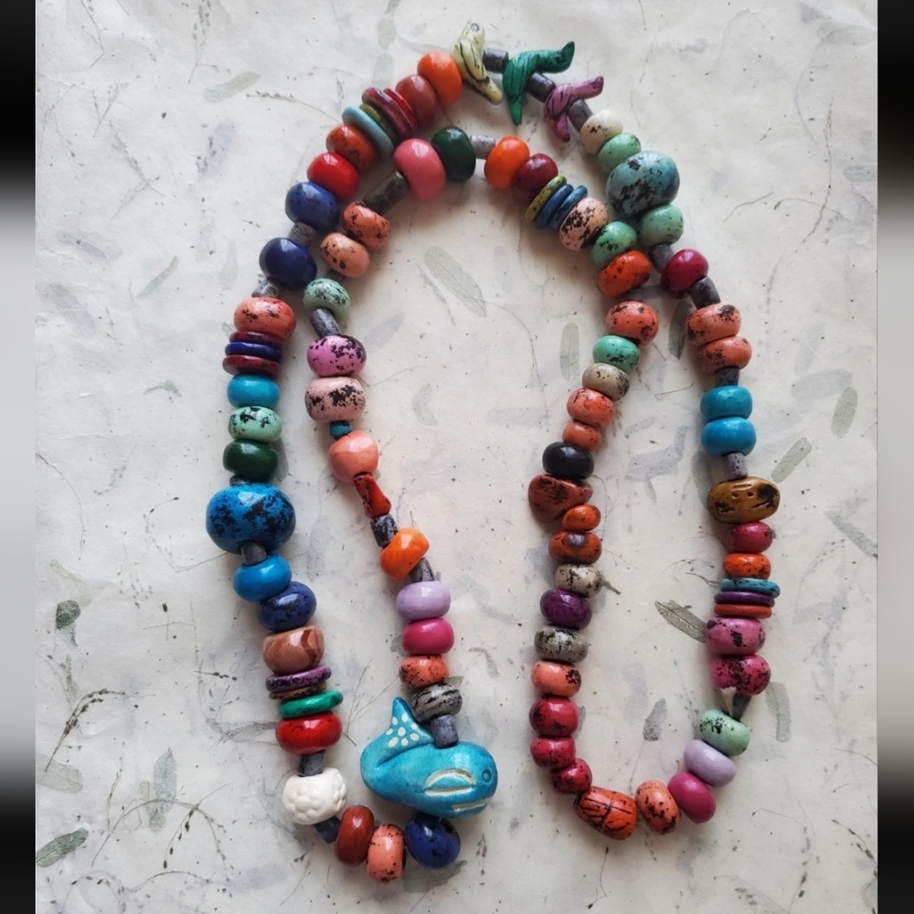 Vintage South American Large Clay Beaded Whale Necklace